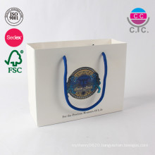 New style custom paper white shopping paper bag with blue handle
